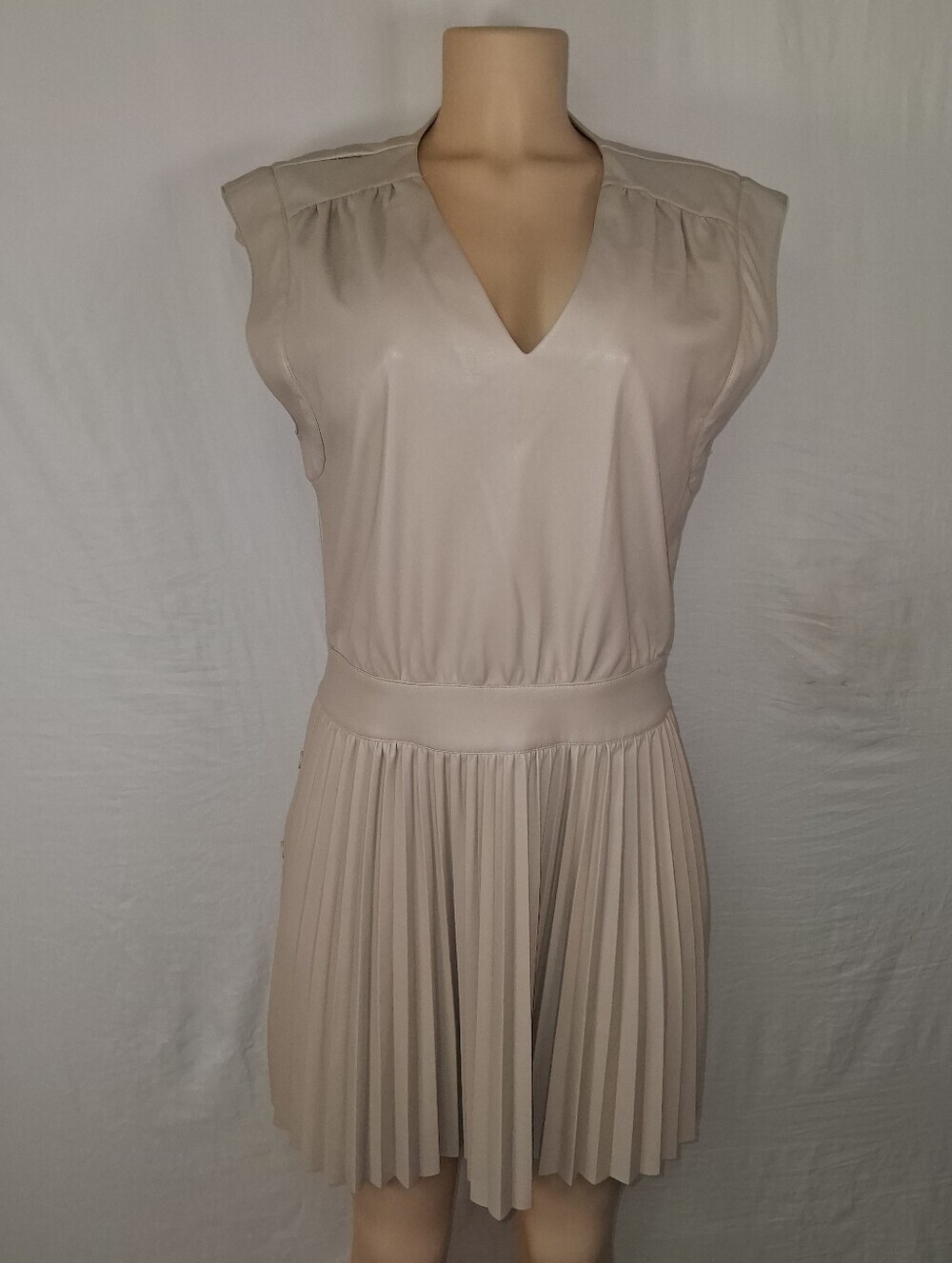 Tart Beige V-Neck Pleated Waist Mini Dress Size M